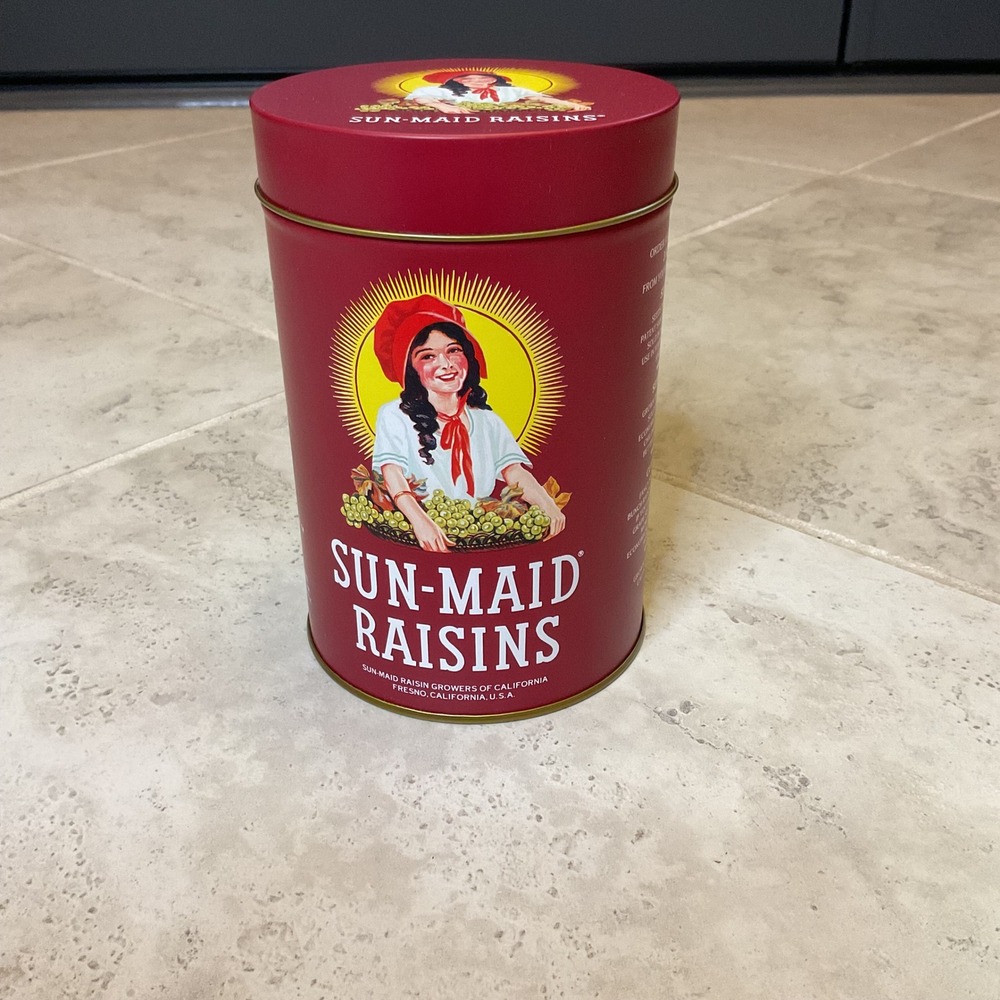 Vintage Sun-Maid Raisins Collectible Red Metal Tin Storage Canister with Recipe